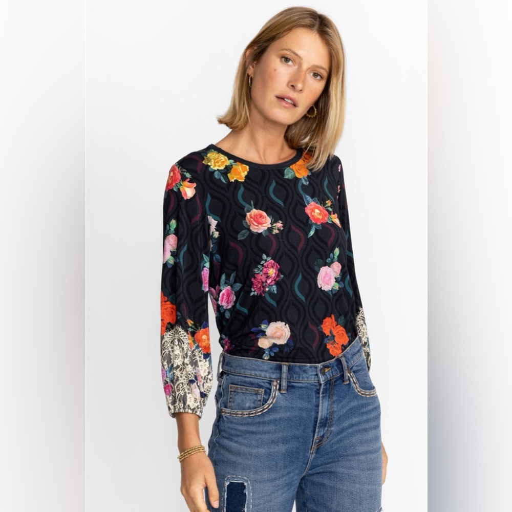 Johnny Was XS Rose LacePuff Sleeve Top EUC